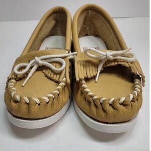 Vintage Sioux Mox Tru-Stitch Moccasins Size 6, Tan Maple Leather Fringe USA, New